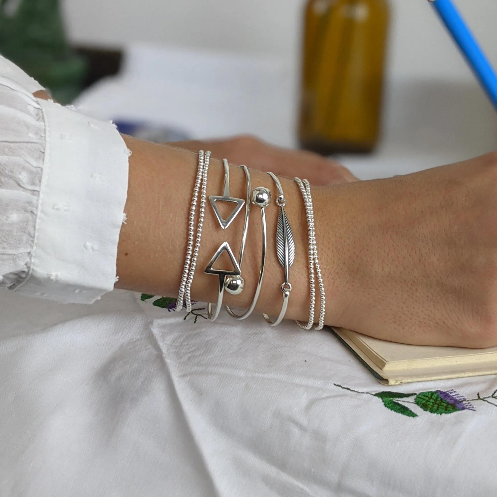 Sterling Silver Double Ball Overlapping Wrap Thin Adjustable Bangle