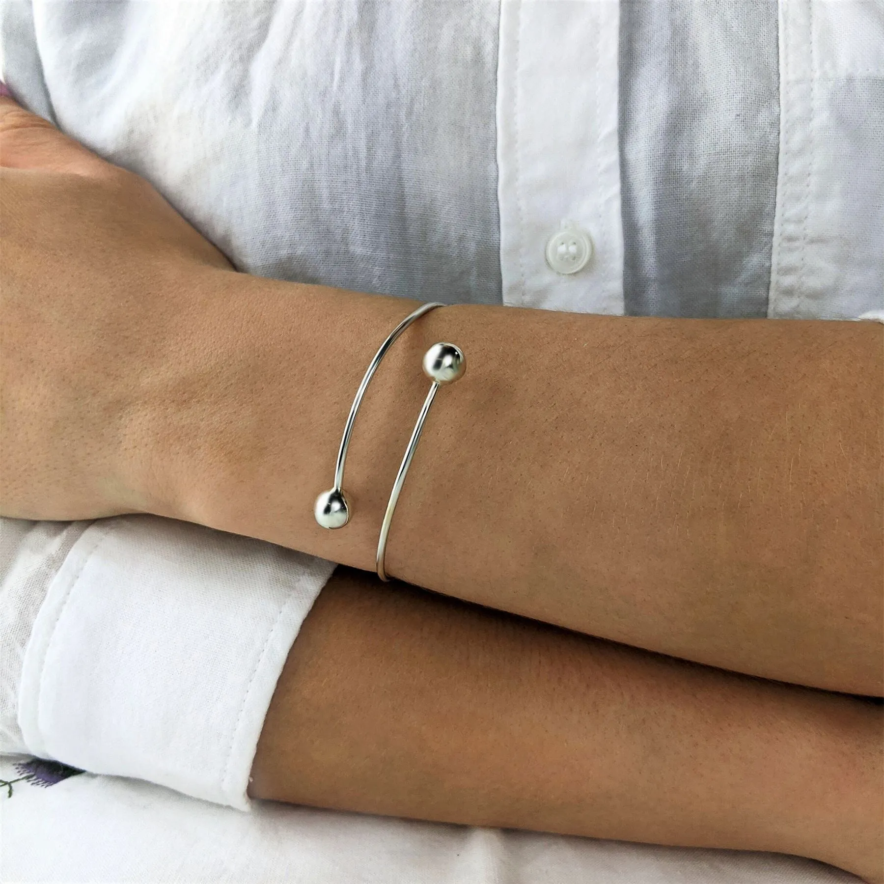 Sterling Silver Double Ball Overlapping Wrap Thin Adjustable Bangle