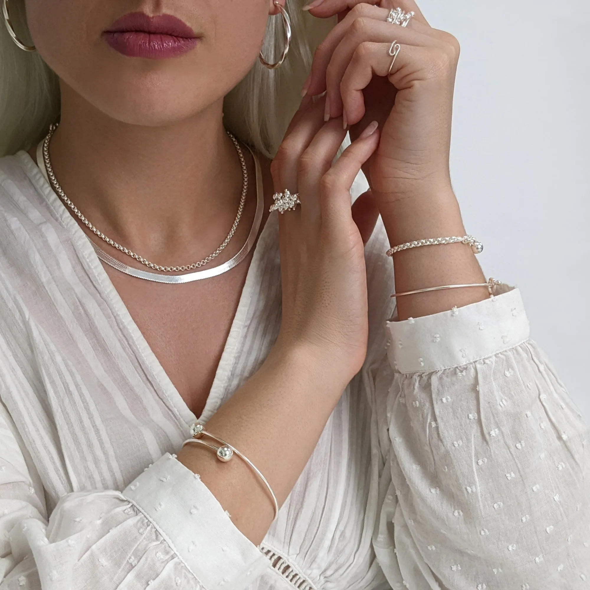Sterling Silver Double Ball Overlapping Wrap Thin Adjustable Bangle