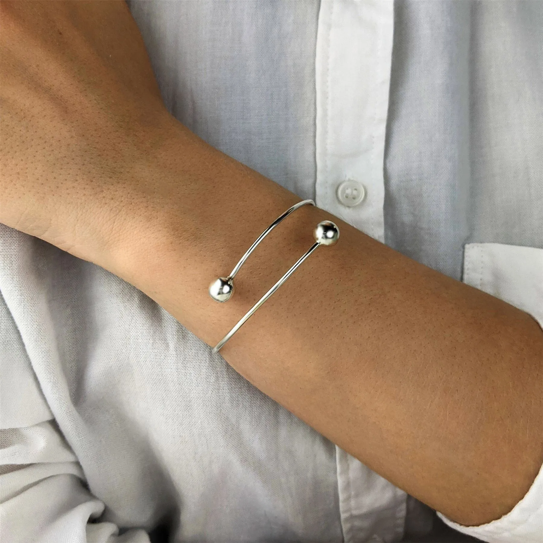 Sterling Silver Double Ball Overlapping Wrap Thin Adjustable Bangle