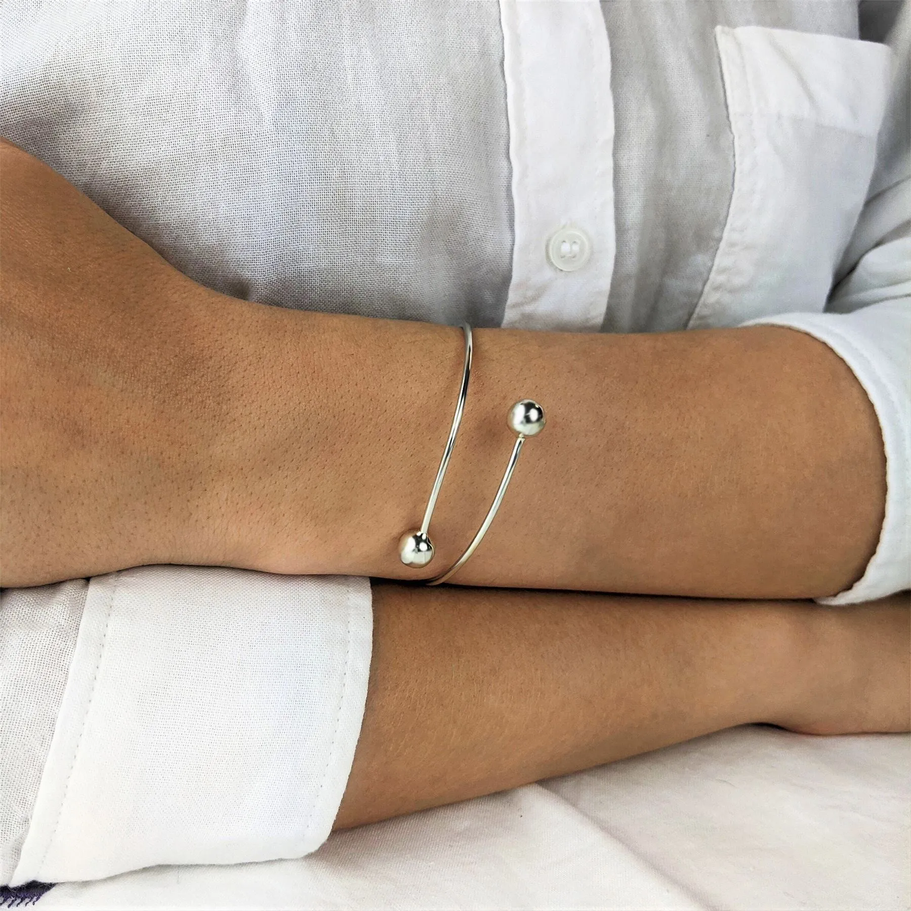 Sterling Silver Double Ball Overlapping Wrap Thin Adjustable Bangle