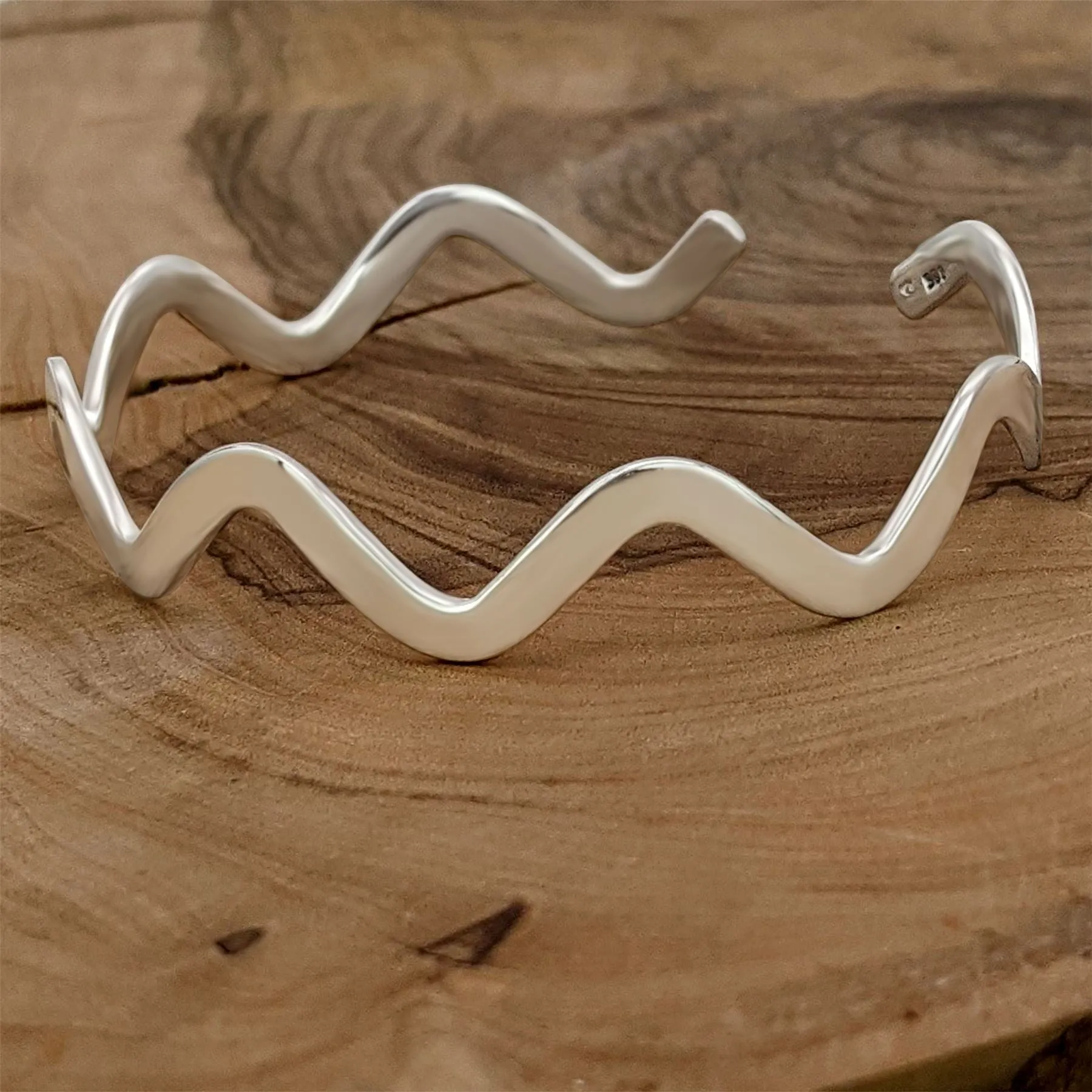 Sterling Silver Flat Wavy Zig Zag Adjustable Cuff Bangle Unique Bracelet