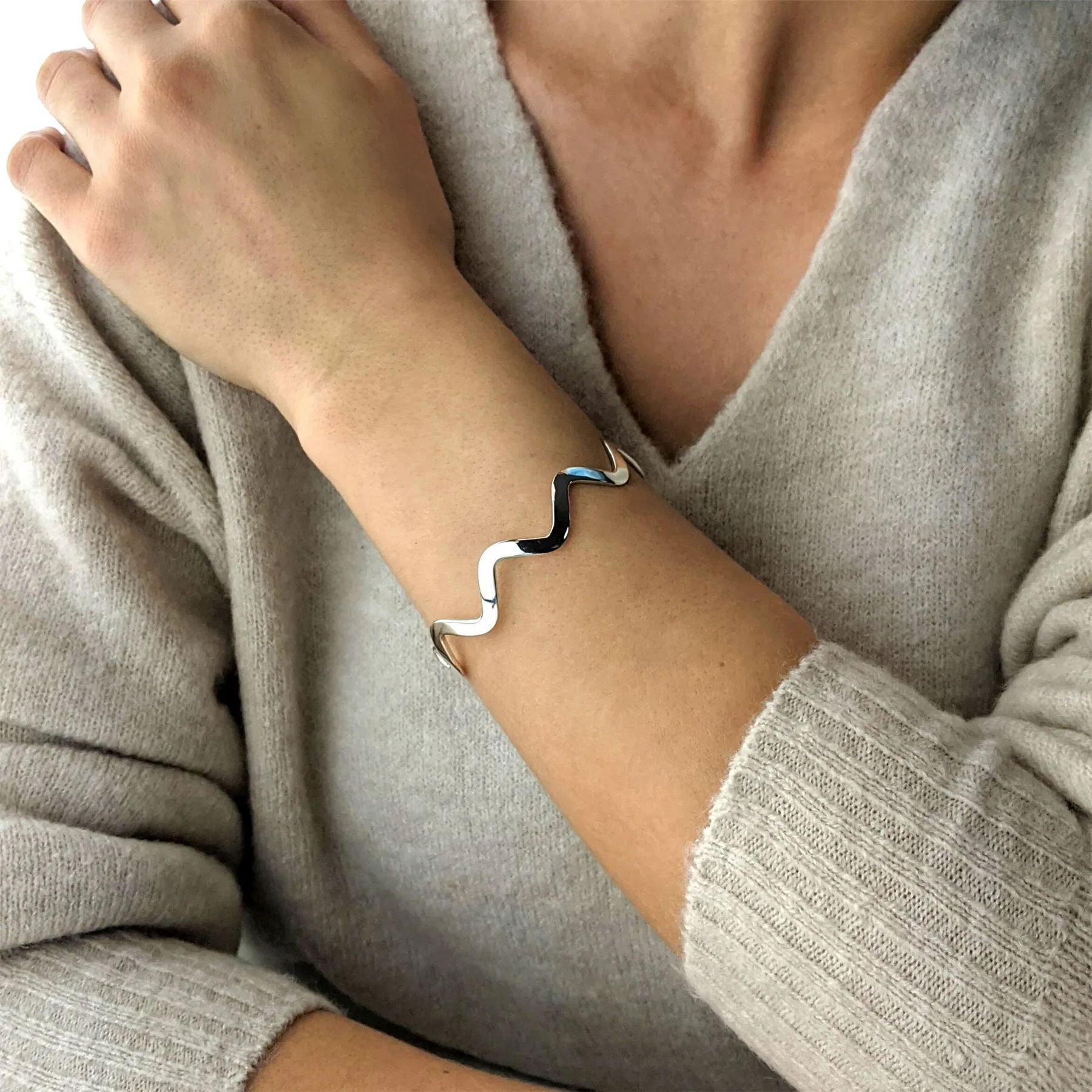 Sterling Silver Flat Wavy Zig Zag Adjustable Cuff Bangle Unique Bracelet