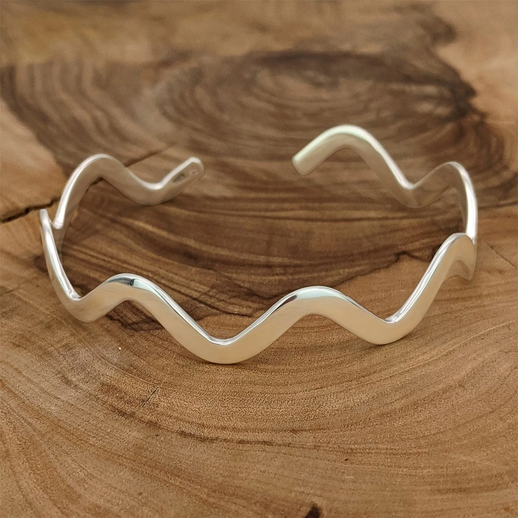 Sterling Silver Flat Wavy Zig Zag Adjustable Cuff Bangle Unique Bracelet