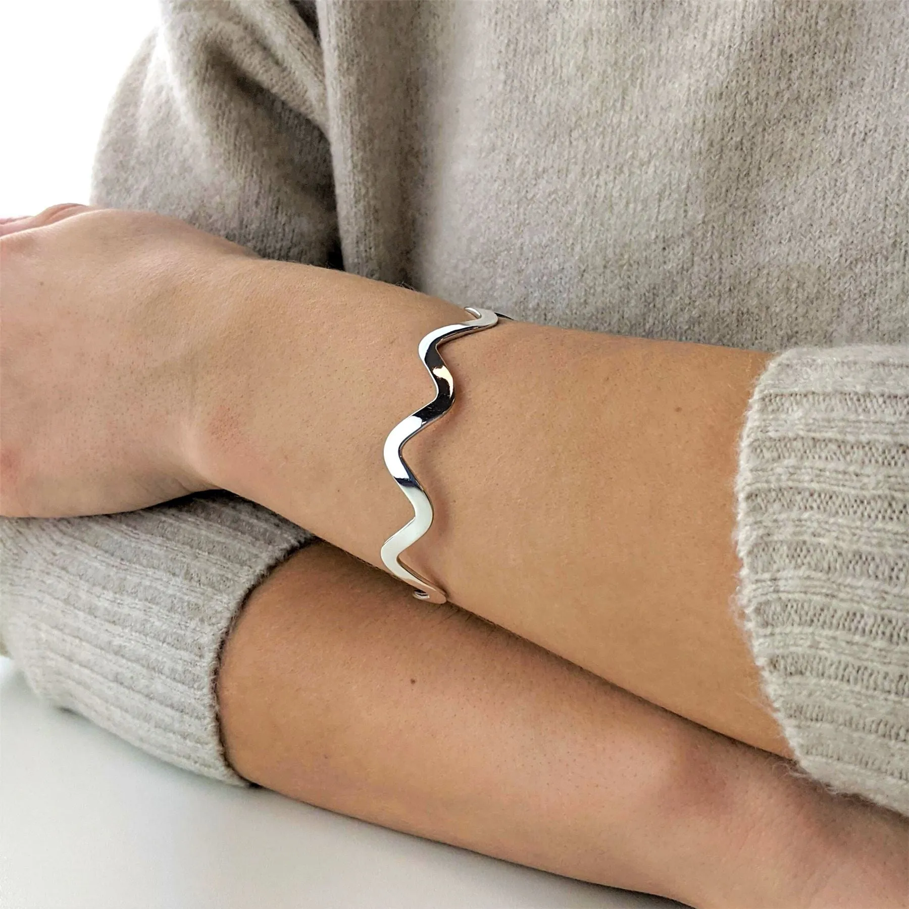 Sterling Silver Flat Wavy Zig Zag Adjustable Cuff Bangle Unique Bracelet