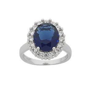 Sterling Silver Large Oval Blue and White Cubic Zirconia Ring