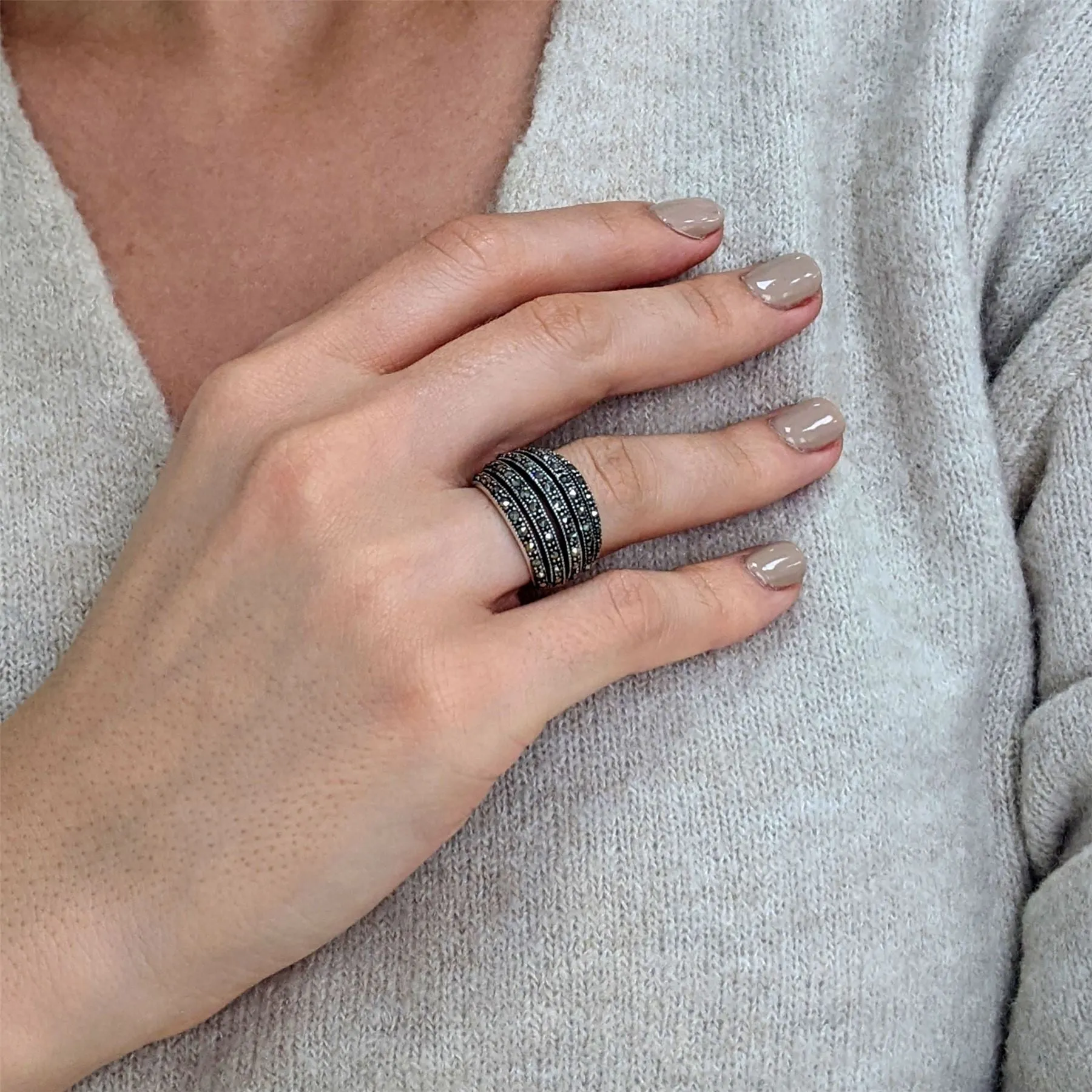Sterling Silver Marcasite Art Deco Style Wide Multi-Row Dome Ring