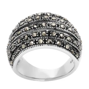 Sterling Silver Marcasite Art Deco Style Wide Multi-Row Dome Ring
