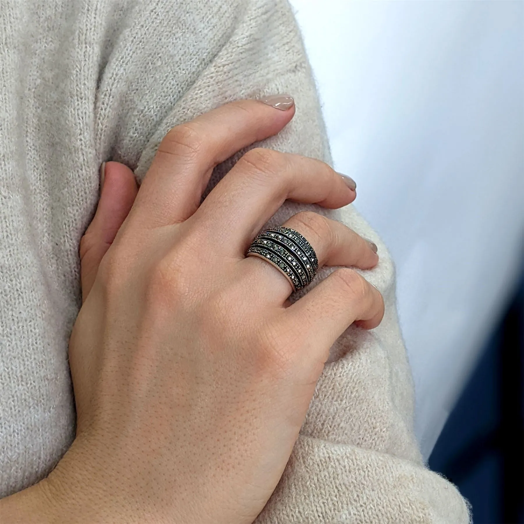 Sterling Silver Marcasite Art Deco Style Wide Multi-Row Dome Ring