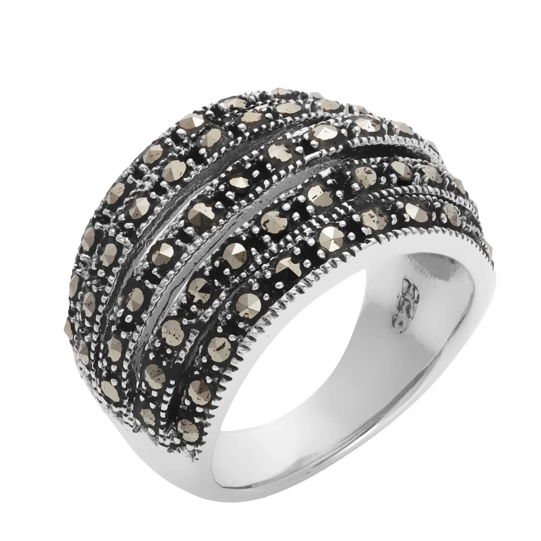 Sterling Silver Marcasite Art Deco Style Wide Multi-Row Dome Ring
