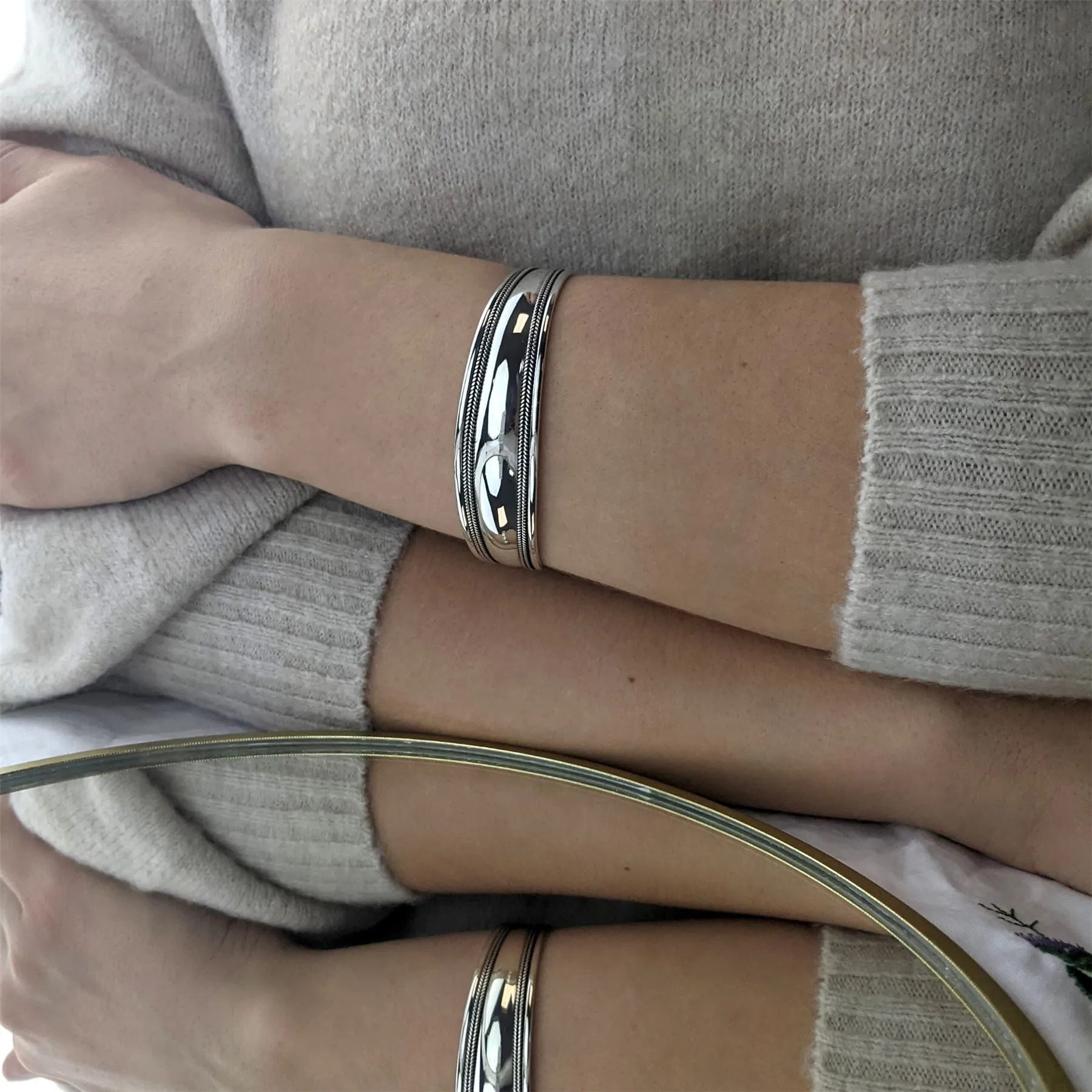 Sterling Silver Rustic Style Rope Braid Design Wide Cuff Open Bangle