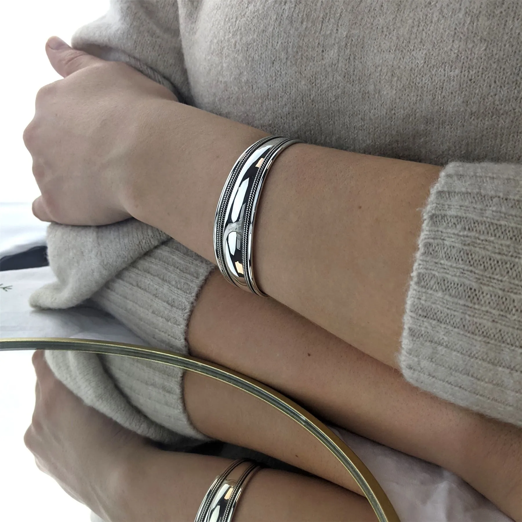 Sterling Silver Rustic Style Rope Braid Design Wide Cuff Open Bangle