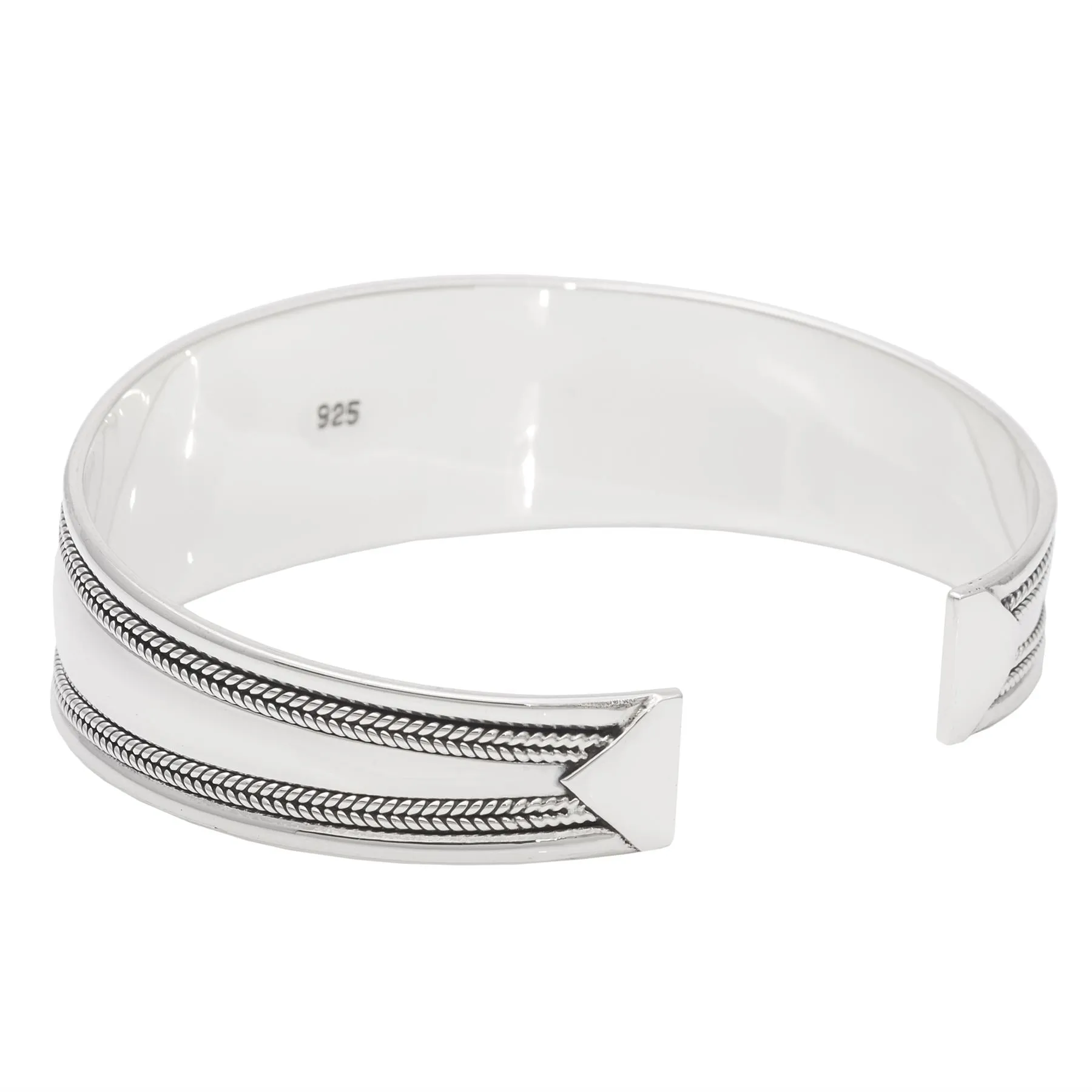 Sterling Silver Rustic Style Rope Braid Design Wide Cuff Open Bangle