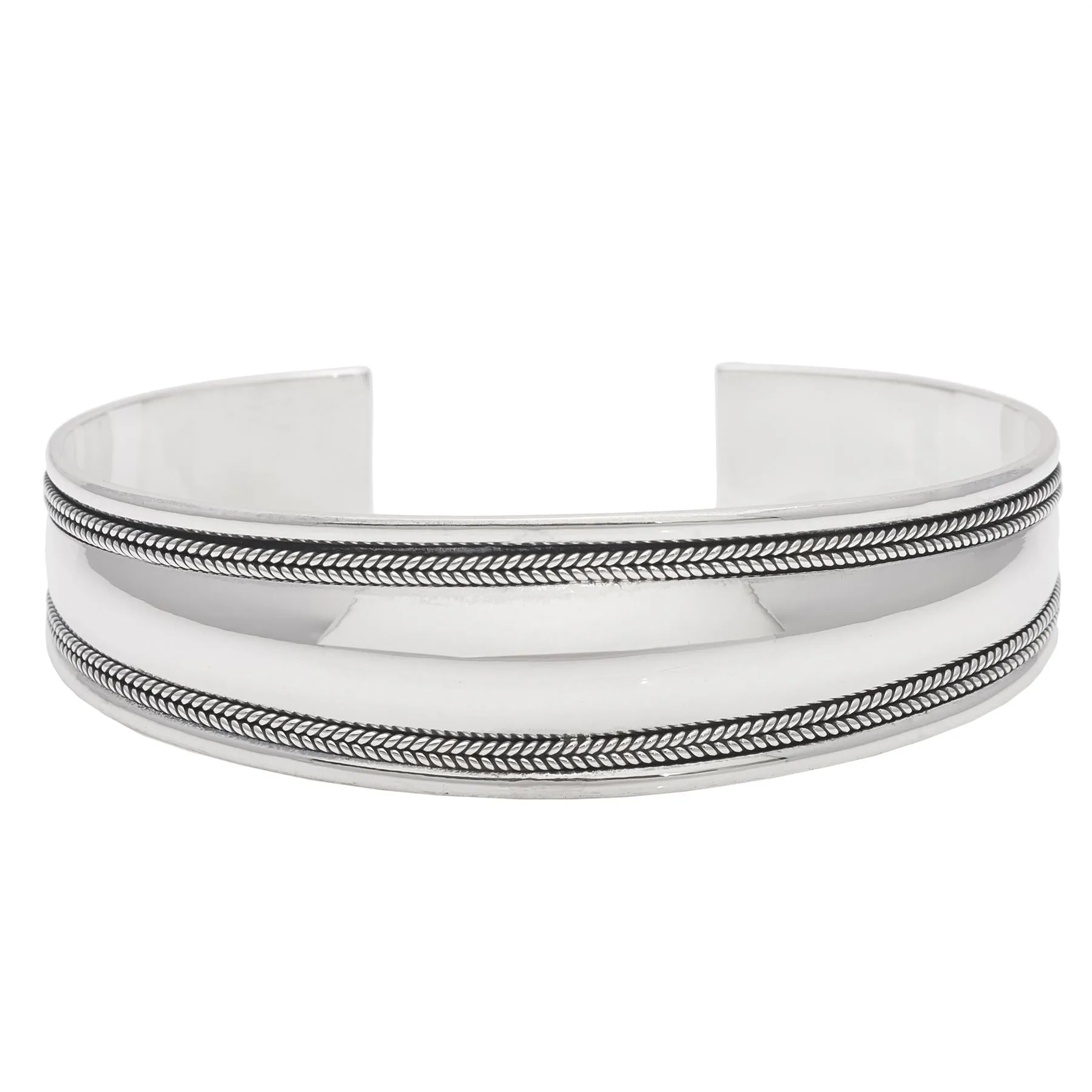 Sterling Silver Rustic Style Rope Braid Design Wide Cuff Open Bangle