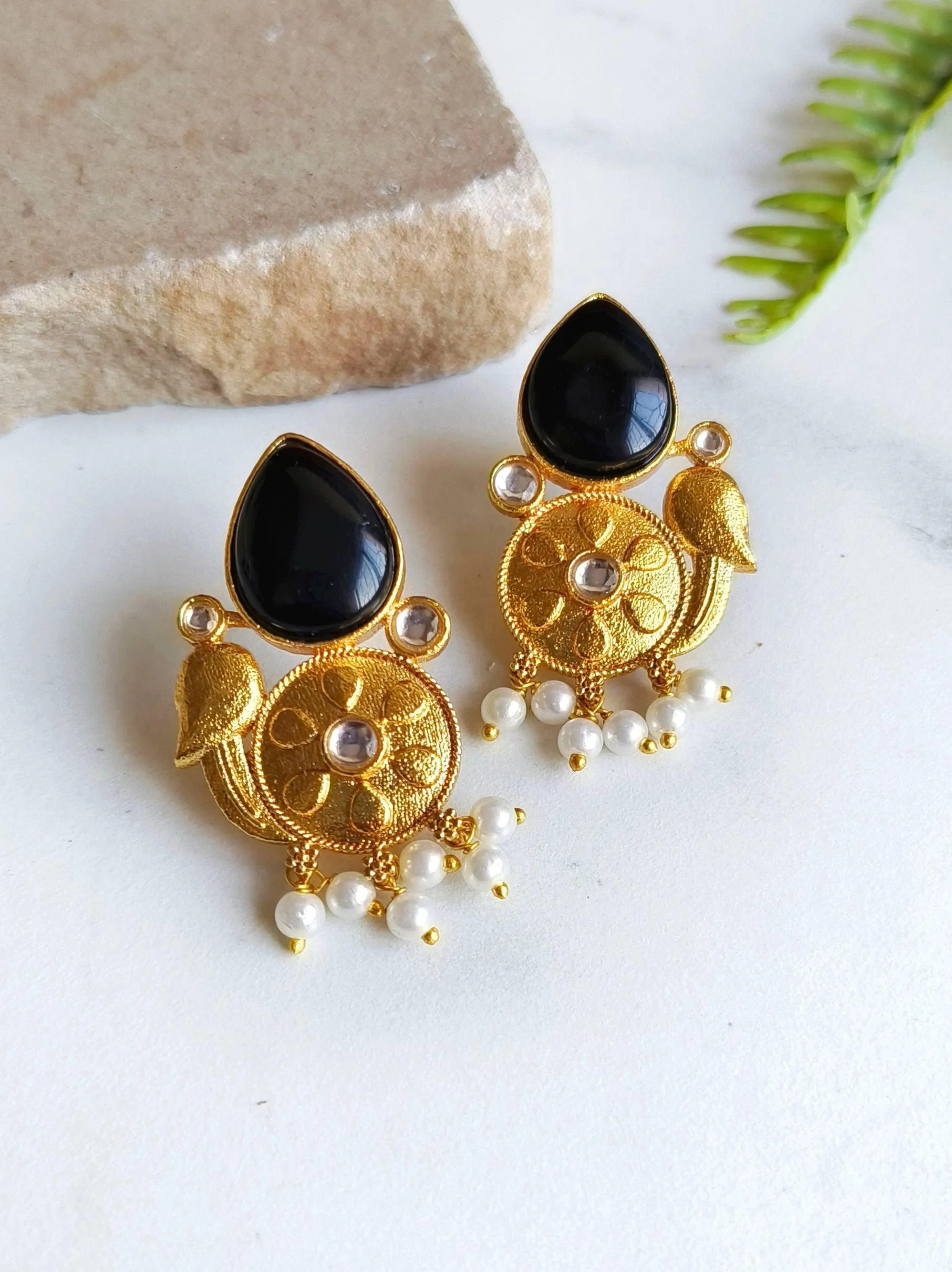 Stylish Golden Stud Earrings with Monalisa Stones and Pearls | Sarichka