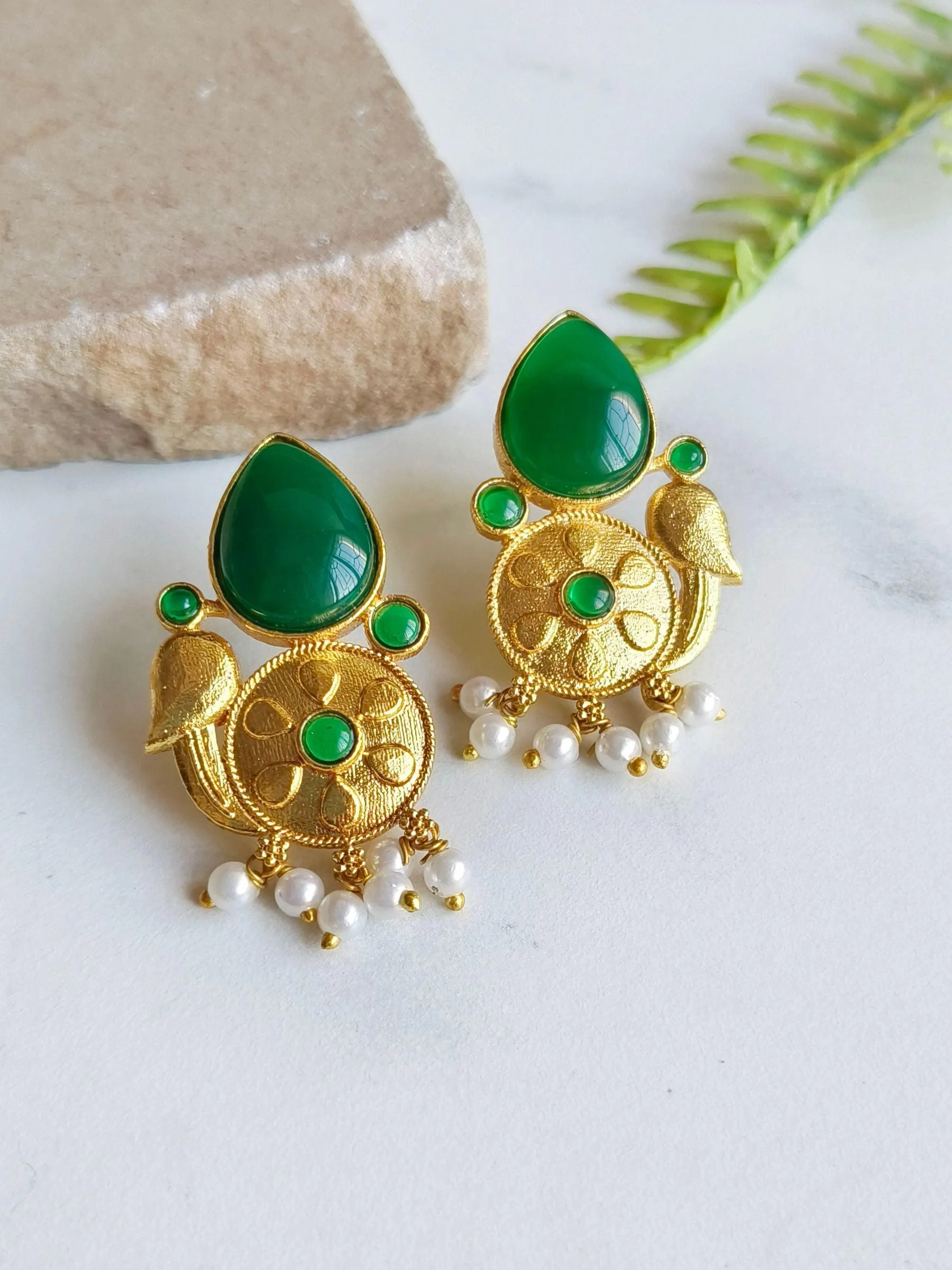 Stylish Golden Stud Earrings with Monalisa Stones and Pearls | Sarichka