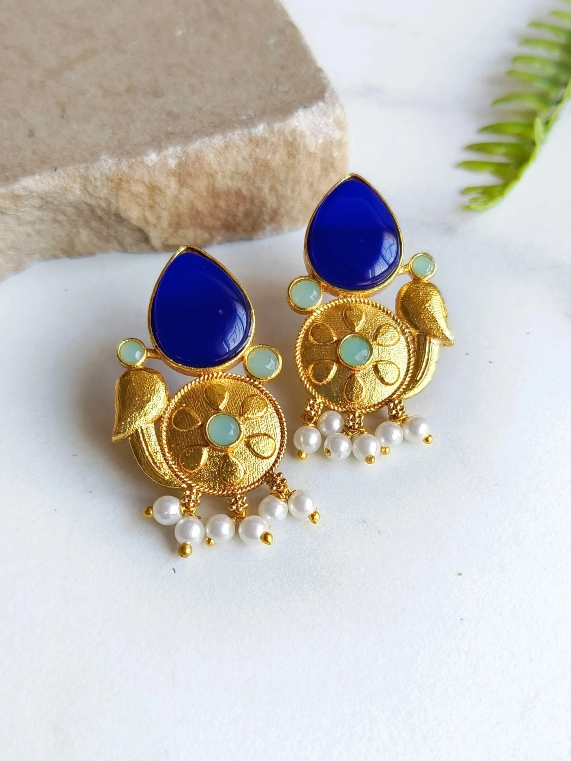 Stylish Golden Stud Earrings with Monalisa Stones and Pearls | Sarichka
