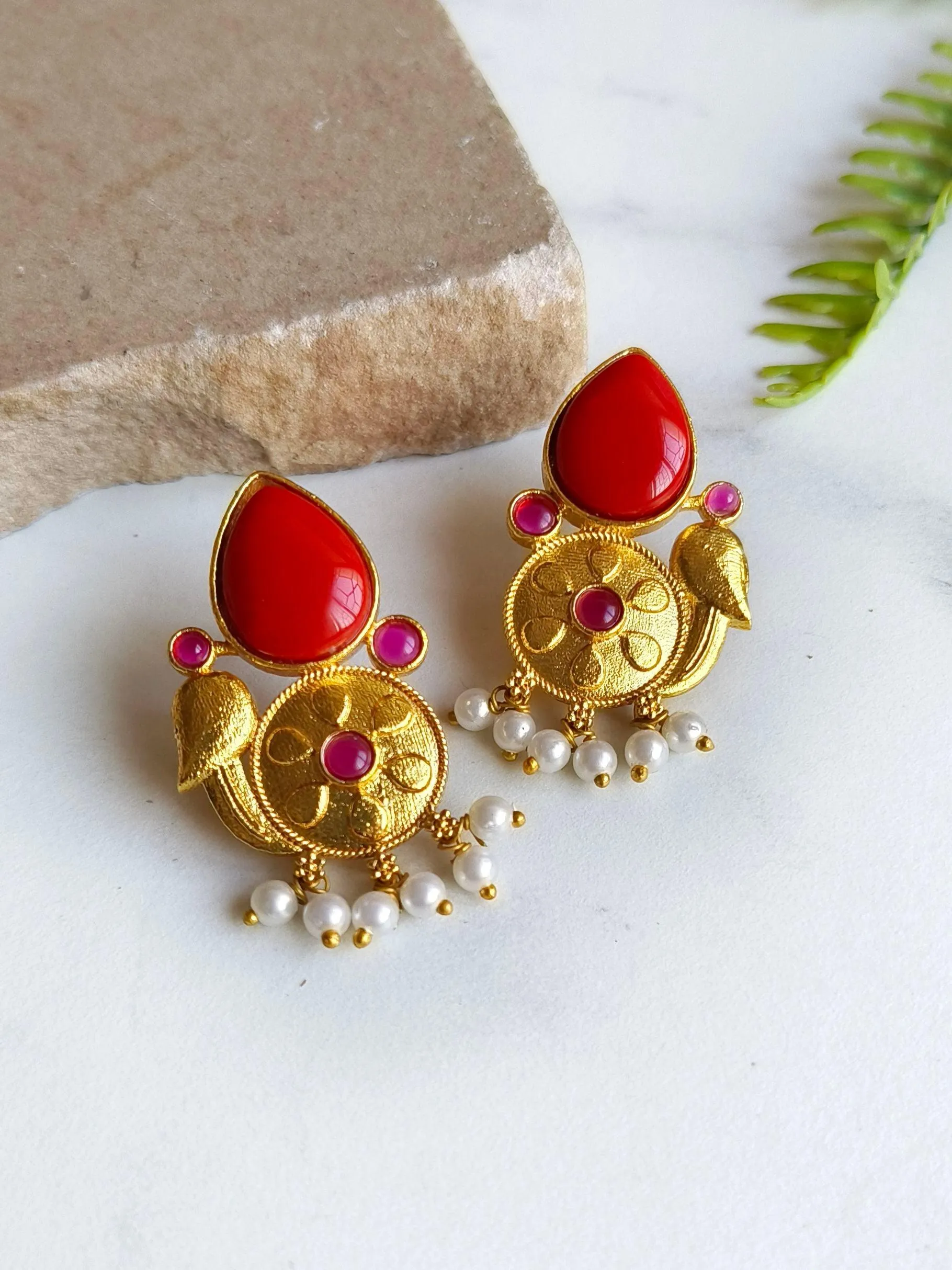 Stylish Golden Stud Earrings with Monalisa Stones and Pearls | Sarichka