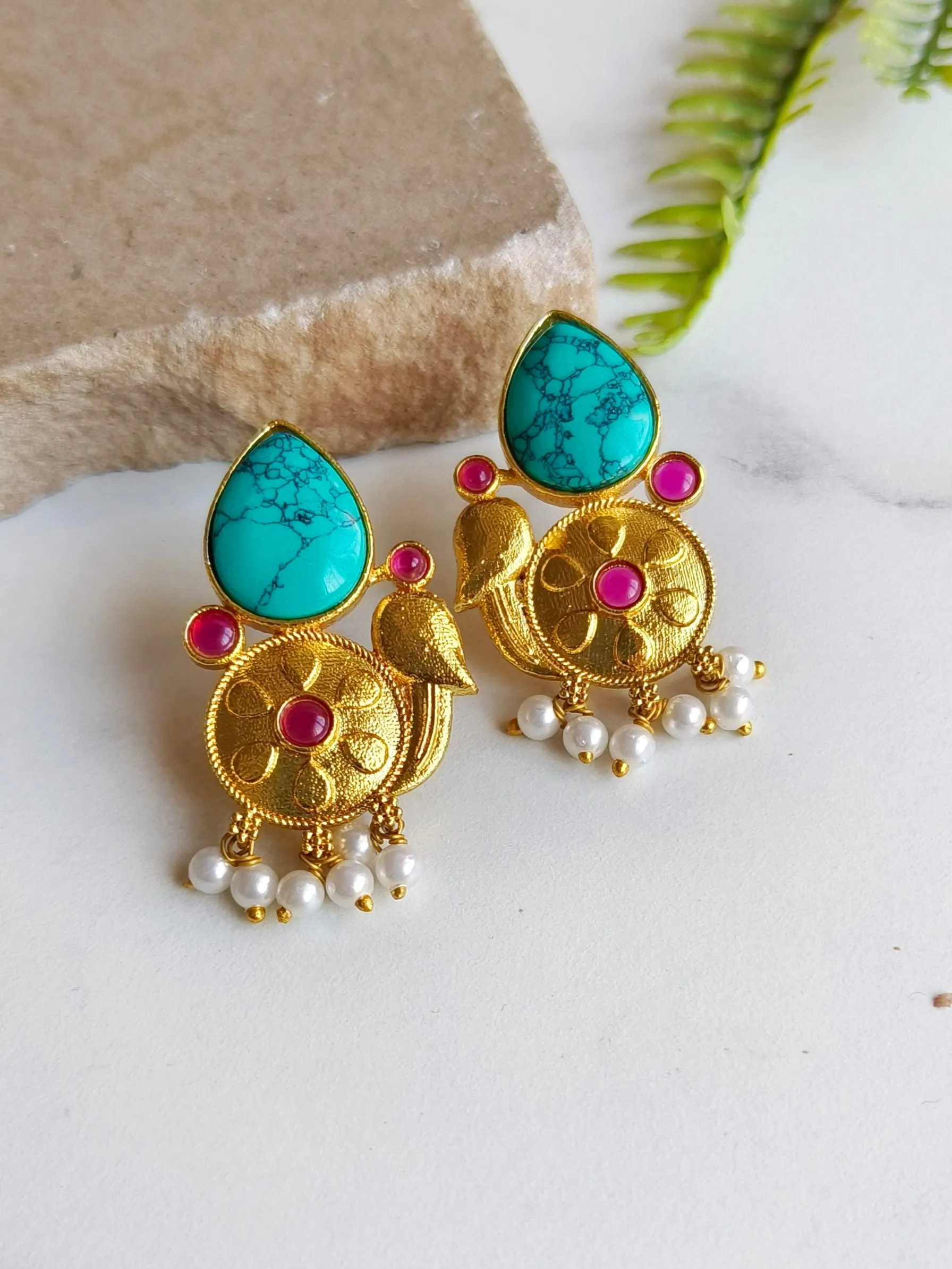 Stylish Golden Stud Earrings with Monalisa Stones and Pearls | Sarichka