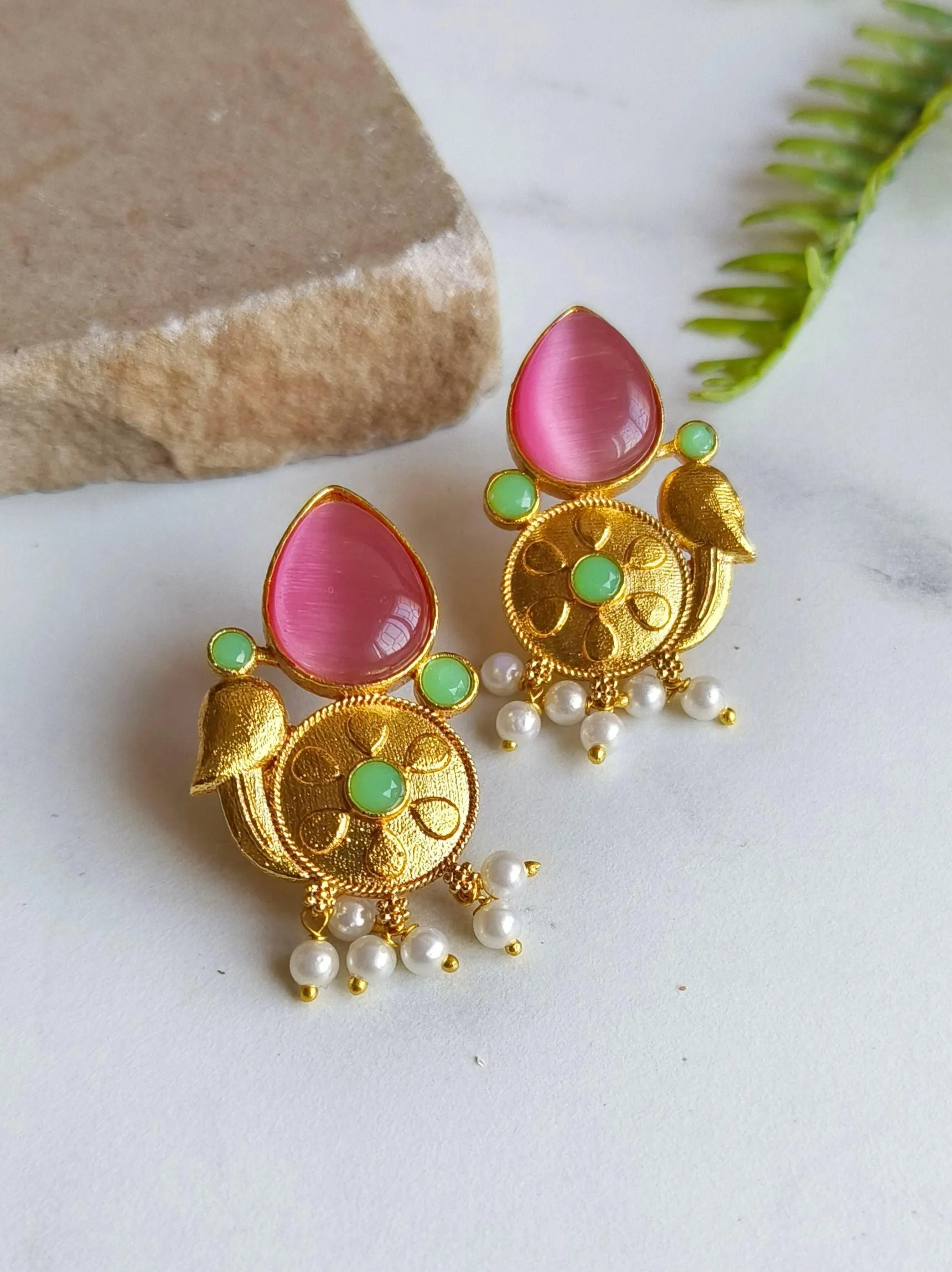 Stylish Golden Stud Earrings with Monalisa Stones and Pearls | Sarichka
