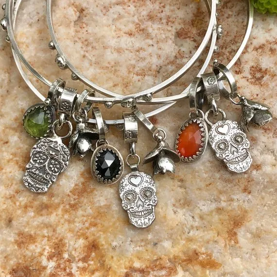 Sugar Skull and Carnelian sterling silver Bangle Sterling Bracelet