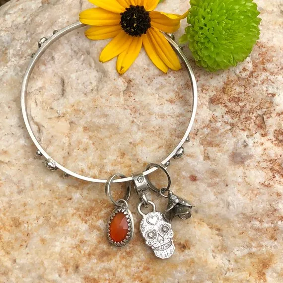 Sugar Skull and Carnelian sterling silver Bangle Sterling Bracelet