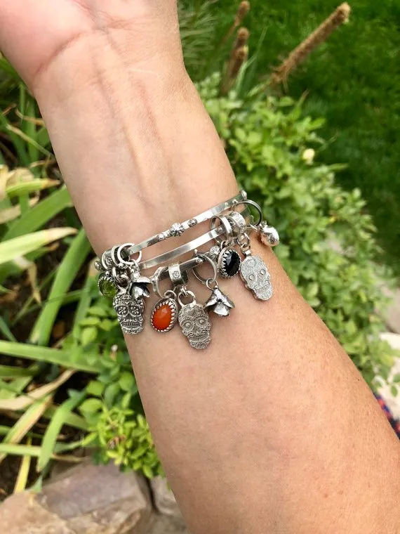 Sugar Skull and Carnelian sterling silver Bangle Sterling Bracelet