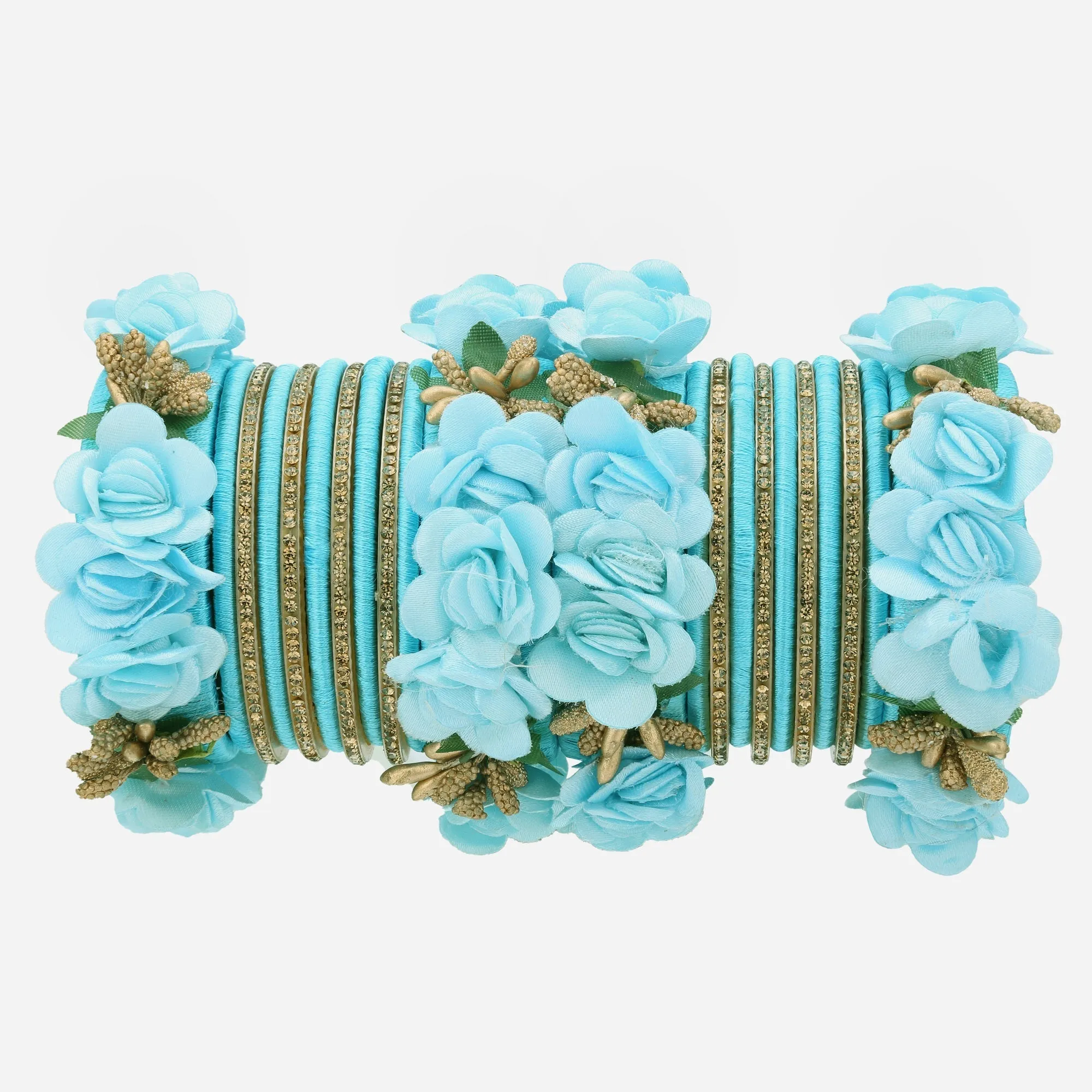 Sukriti Beautiful Handcrafted SkyBlue Flower Designer Silk thread Bridal Chuda Wedding Bangles for Women – Set of 22