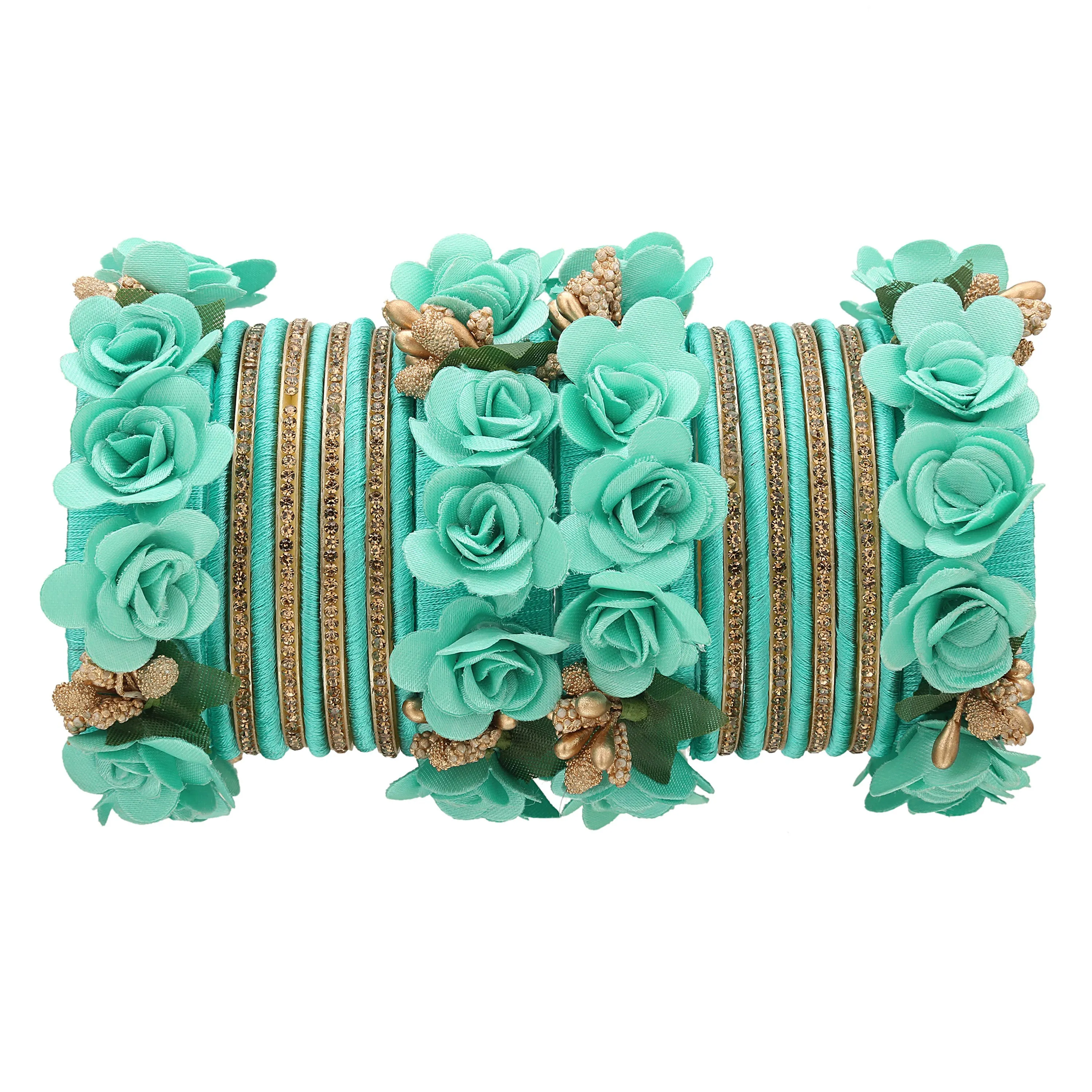 Sukriti Beautiful Handcrafted Turquoise Flower Designer Silk thread Bridal Chuda Wedding Bangles for Women – Set of 22