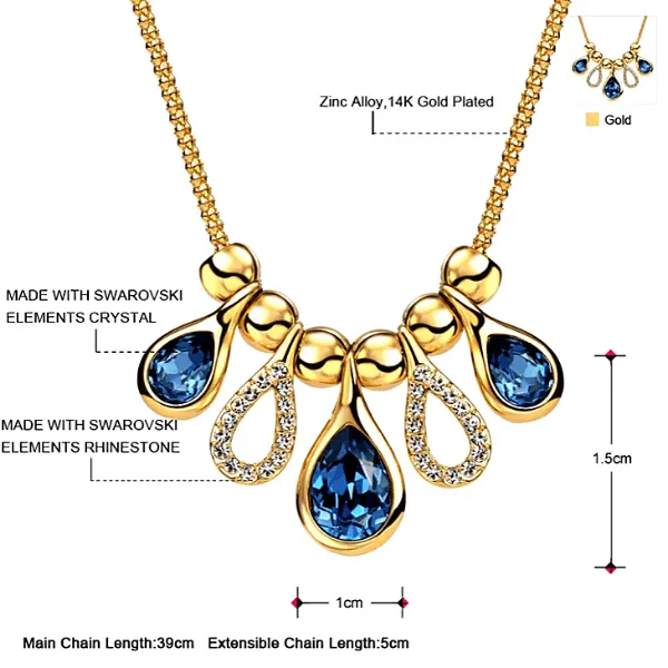 Swarovski Royal Blue Crystal Tear Drop Gold Necklace