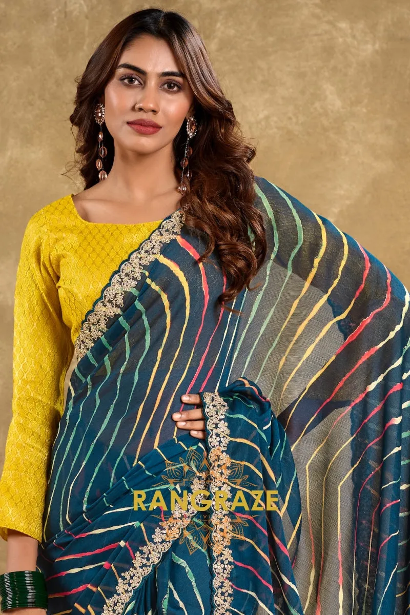Teal Multicolor Pure Chiffon Saree with Embroidered Border