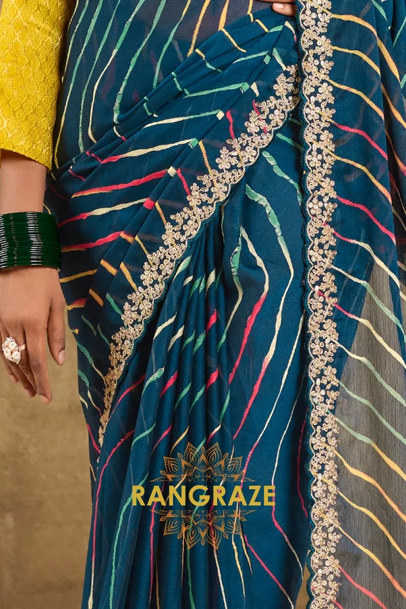 Teal Multicolor Pure Chiffon Saree with Embroidered Border