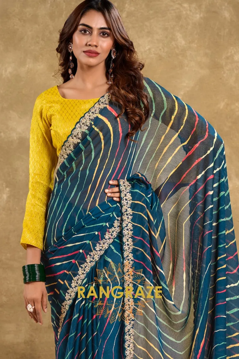 Teal Multicolor Pure Chiffon Saree with Embroidered Border
