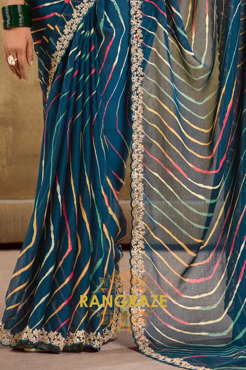 Teal Multicolor Pure Chiffon Saree with Embroidered Border