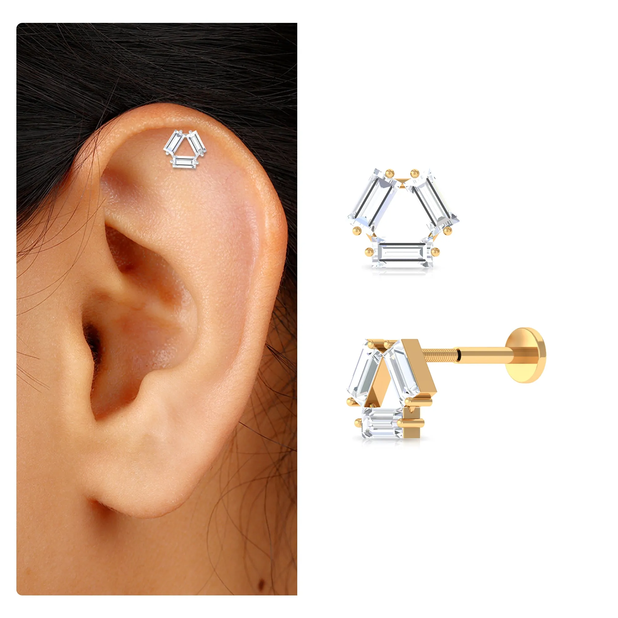Three Stone Baguette Moissanite Simple Conch Earring