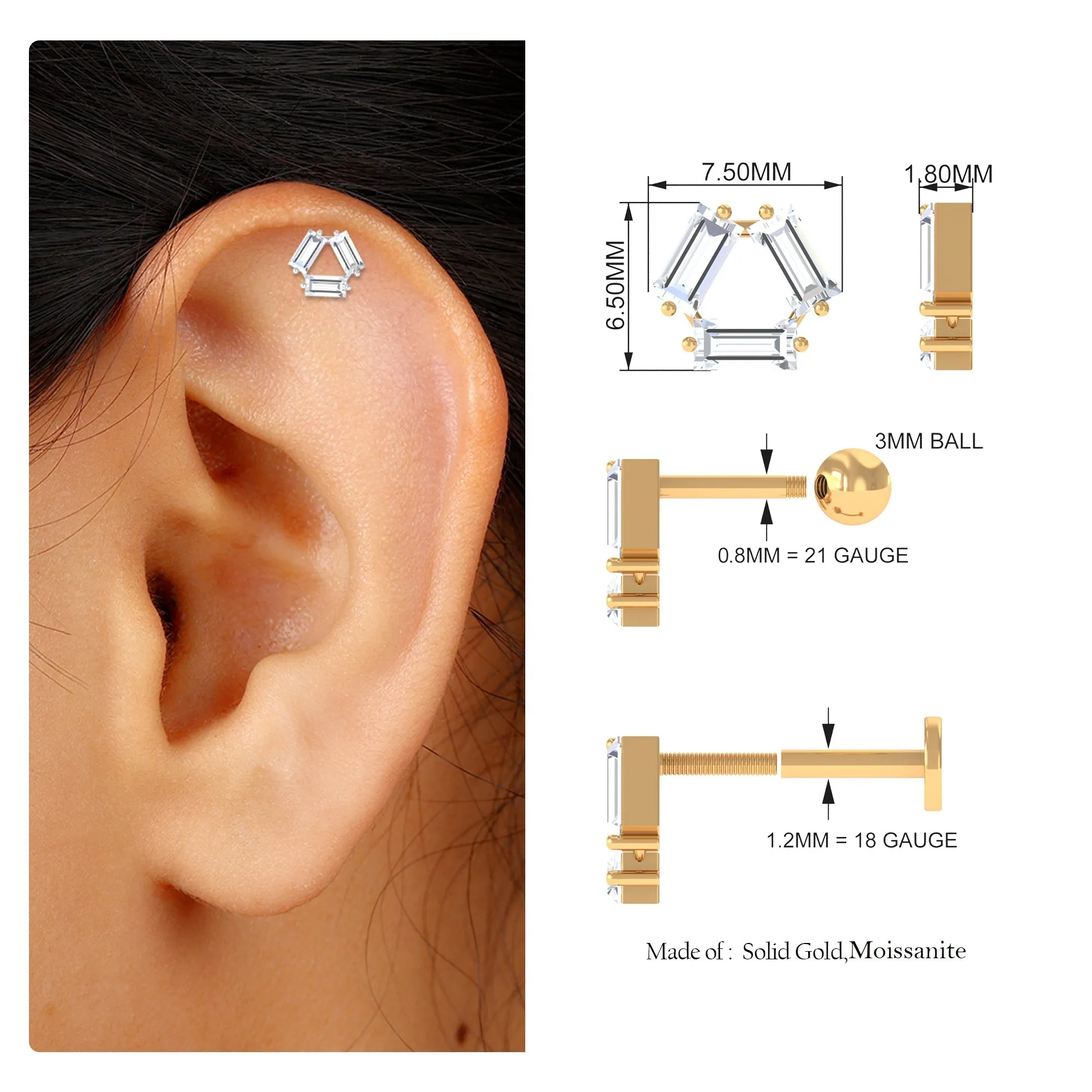 Three Stone Baguette Moissanite Simple Conch Earring