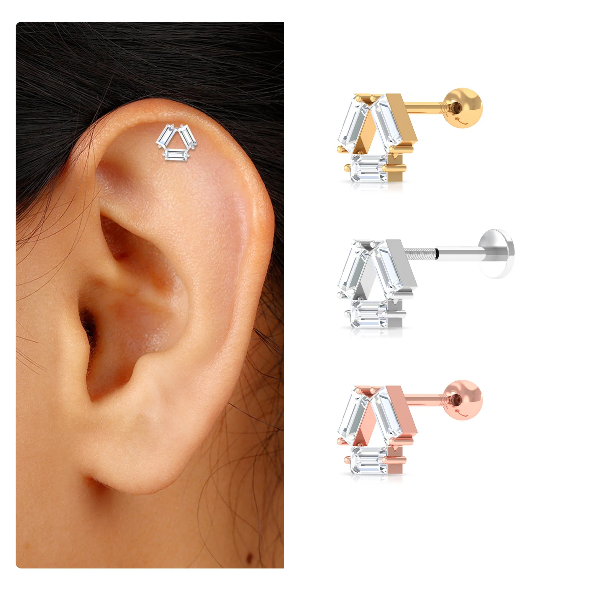 Three Stone Baguette Moissanite Simple Conch Earring