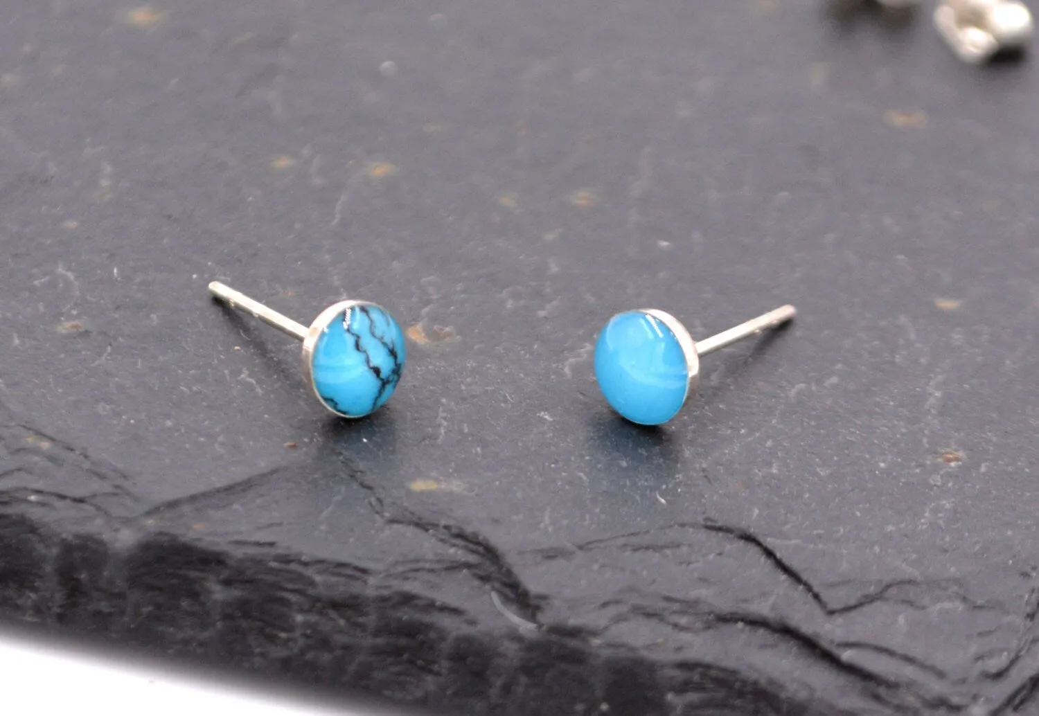 Tiny Little Turquoise Dot Stud Earrings in Sterling Silver - Geometric Circle Design