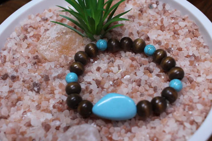 Turquoise Chunk Bead w/Turquoise round & Brown Wood bead Bracelet by Theiss