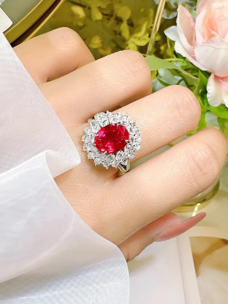 Versatile Design Luxury Red Treasure Ring Inlaid with Dove Egg Design High Quality AAAAA High Carbon Diamonds