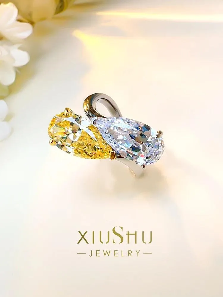 Versatile  Premium Fashionable and Luxury Double Stone Silver Droplet Big Rings with AAAAA High Carbon Diamonds