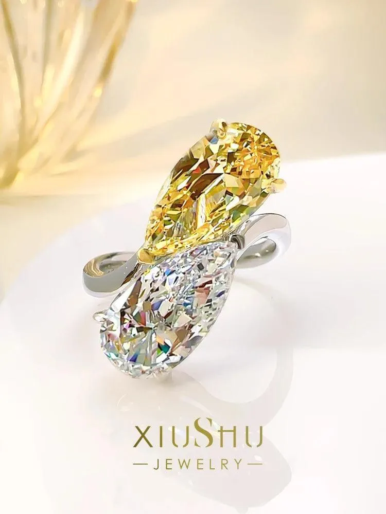 Versatile  Premium Fashionable and Luxury Double Stone Silver Droplet Big Rings with AAAAA High Carbon Diamonds