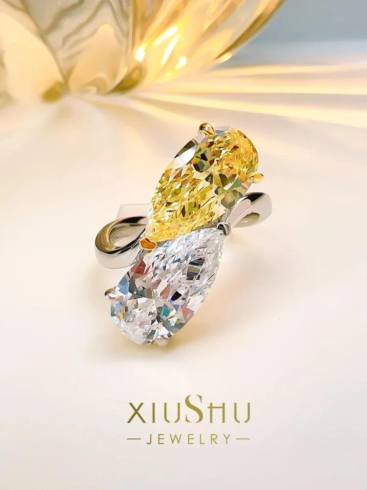 Versatile  Premium Fashionable and Luxury Double Stone Silver Droplet Big Rings with AAAAA High Carbon Diamonds