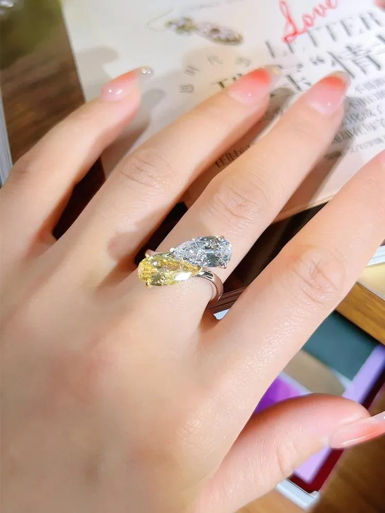 Versatile  Premium Fashionable and Luxury Double Stone Silver Droplet Big Rings with AAAAA High Carbon Diamonds