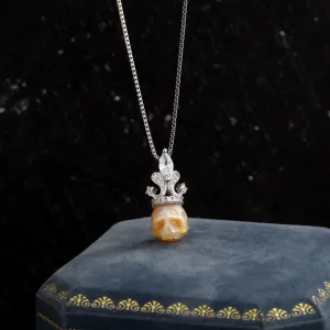 Vintage Gem Crown Pearl Skull Necklace