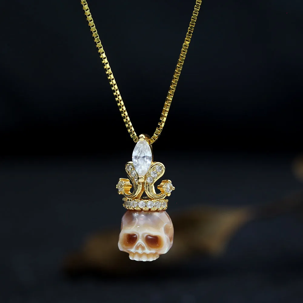 Vintage Gem Crown Pearl Skull Necklace