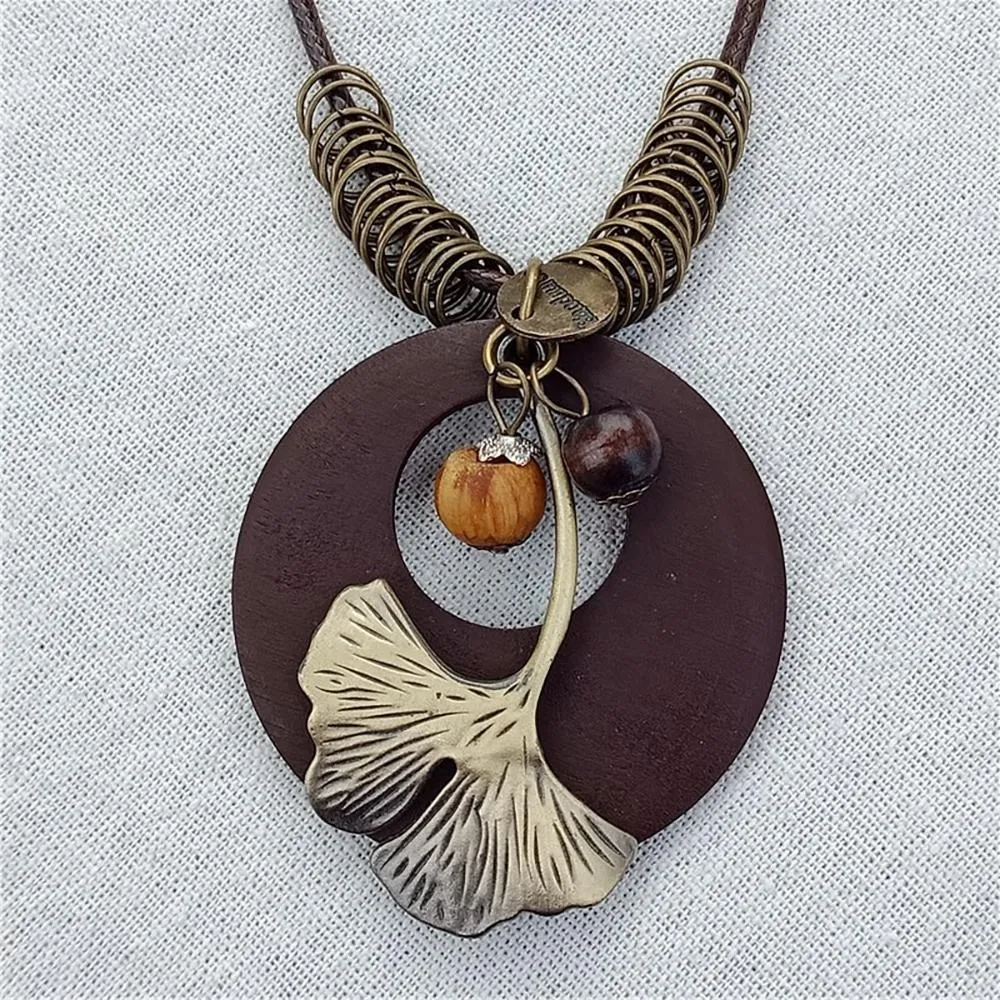 Vintage Round Wooden Statement Necklace