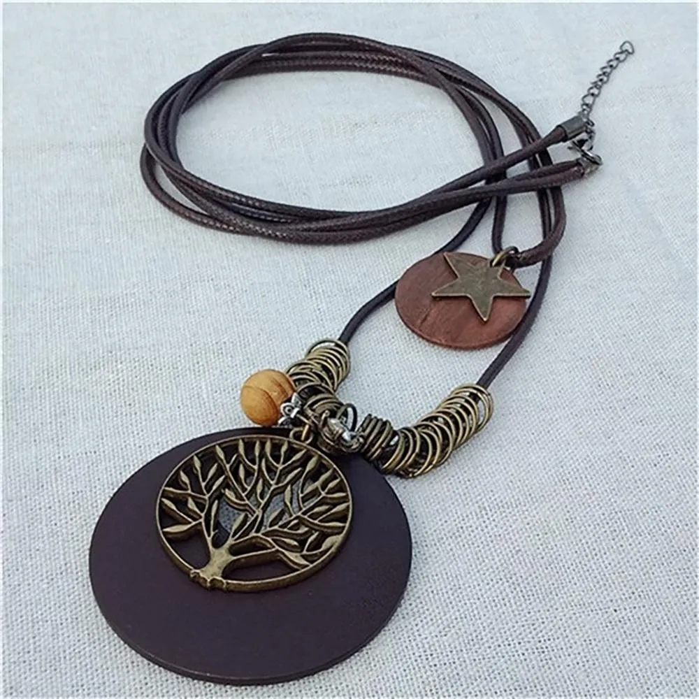 Vintage Round Wooden Statement Necklace