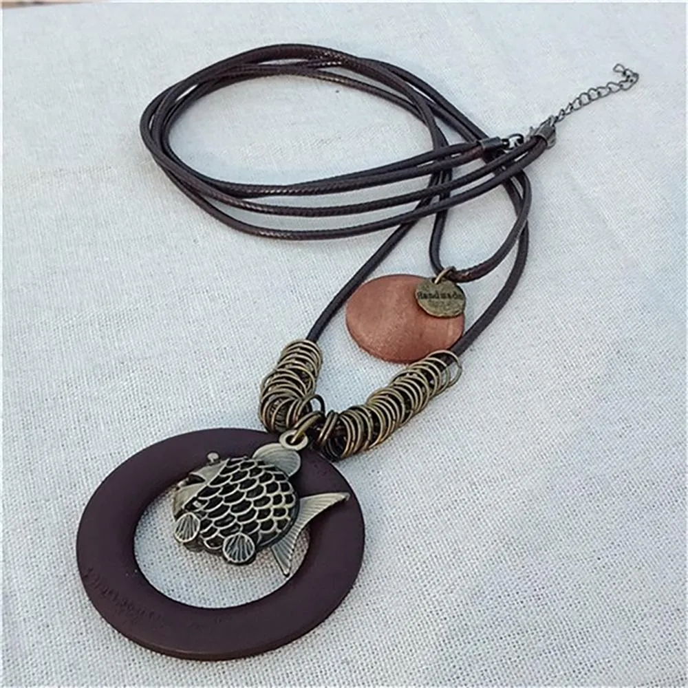 Vintage Round Wooden Statement Necklace