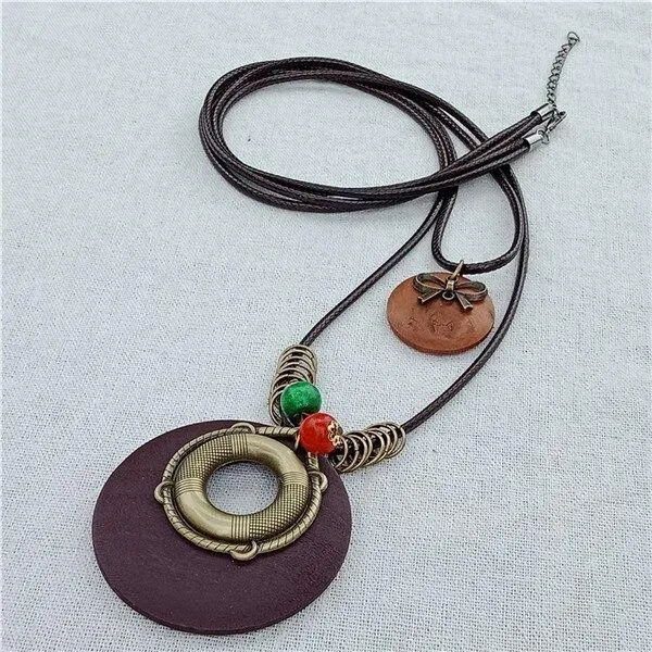 Vintage Round Wooden Statement Necklace